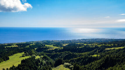 Fototapeta na wymiar Landscape view over the luxurious green landscape with the Atlantic Ocean in the background. São Miguel Island. Azores.