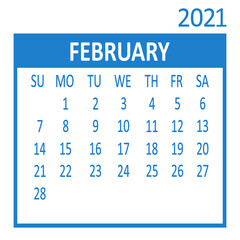 February. Second page of set. Calendar 2021, template. Week starts from Sunday. Vector