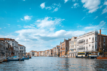 Naklejka na ściany i meble Italy, Venice. Grand canal for gondola in travel europe city. Old italian architecture with landmark bridge, romantic boat. Venezia.