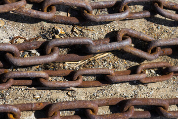 Close up of rusted nautical chains, chainlink. 