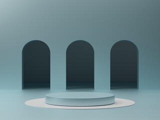 Minimal stage mock up. Blue cylinder base. Pedestal for display. Empty product stand. Arch pattern on background stand. 3d render illustration