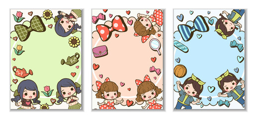 Cute girl and cute decorations frame. There is a blank space for the text. This cute frame design for wallpaper, Memo sheets, Notepads, web page background, card, banner design and more.