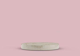 White stone empty blank cylinder pedestal for product presentation on a pink background. 3d render illustration
