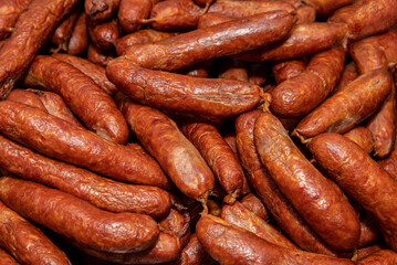 Close up of bunch of fresh homemade sausages.