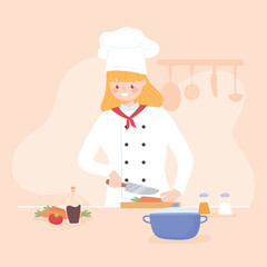 woman slicing fresh vegetables like carrots in the kitchen