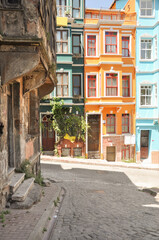Bright colorful houses in Balat district, Istanbul, Turkey. Balat is popular, trendy hipsters and authentic place.