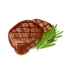 Freshlyn grilled beef steak with rosemary isolated on white background