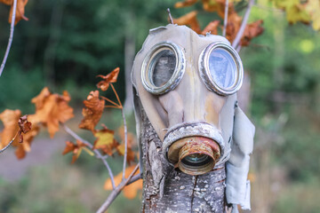 An old ruined gas mask hangs on a log against a background of yellow leaves. Viral contamination in...