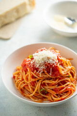 Spaghetti with tomato sauce and basil on a plate