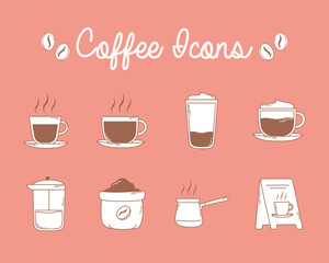 coffee french press cups and board icons in brown line