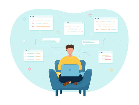 Male programmer working on web development using laptop. Concept of software developers script coding and programming. Flat cartoon vector illustration
