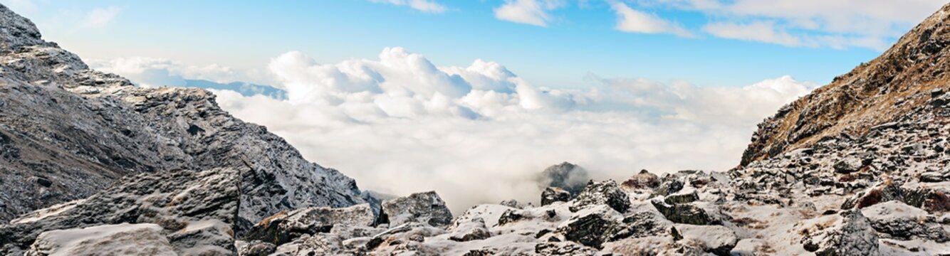 The Himalayan mountain landscape on the trekking route from Panch Pokhari to Khotey in Nepal.