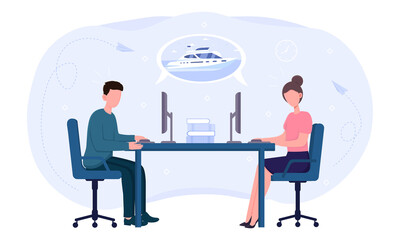 Two office workers dreaming of a vacation. Overworked male and female characters business people sitting in modern bureau and dream of vacation on a boat. Flat cartoon vector illustration