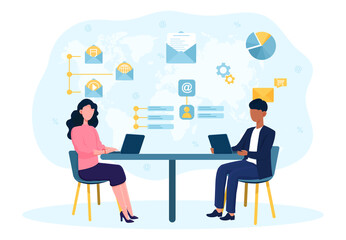 Male and female characters working on email marketing. Concept of social media, email marketing, online support and modern communication. Flat cartoon vector illustration