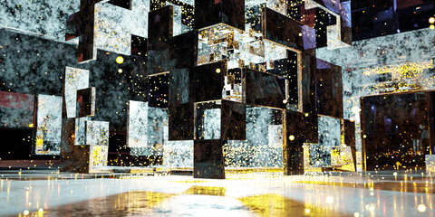 abstract dissolving metal steel cubes background 3d render illustration