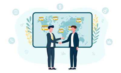 Businessman offer franchising. Concept of various company or people wants to buy business. Men shaking hands over investments in development of a successful business. Flat cartoon vector illustration