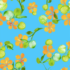 Seamless watercolour floral pattern green leaves and branches composition on blue background, perfect for wrappers, wallpapers, postcards, greeting cards