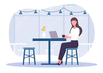 Girl in a cafe working on laptop. Concept of freelance job you can work at any place. Female character creating content, chatting online. Flat cartoon vector illustration
