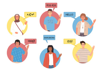 Set of multiethnic young men and women saying hello using different languages. Diverse people in national clothes showing greeting gestures and waving hands. Flat cartoon vector illustration