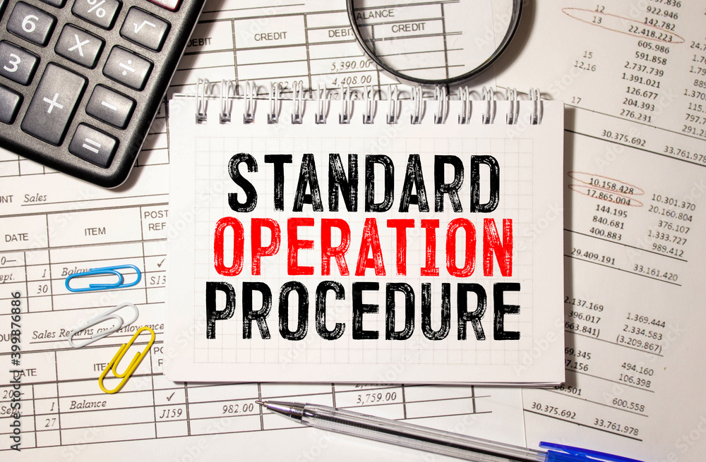 Poster standard operating procedure text on paper in open diary with spectacles.
