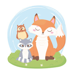 cute fox raccoon and owl cartoon animals in the grass