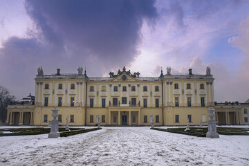 View of the building against the colorful sky in winter scenery.
