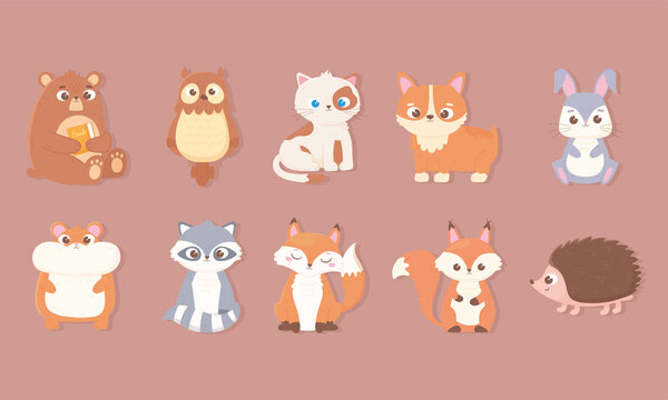 cute animals icons set with bear rabbit owl cat dog hamster fox raccoon squirrel and hedgehog