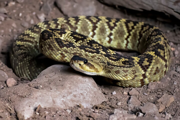 Obraz premium Black Tailed Rattlesnake Coiled on Ground Close Up