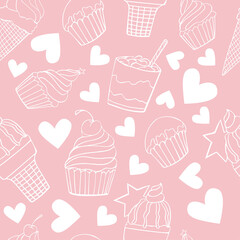 Seamless pattern with doodle sweets, desserts, ice cream, muffin on pink background. Vector for cards, banners, wrapping paper, posters, scrapbooking, pillow, cups and fabric design. 