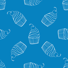 Seamless pattern with doodle cupcakes with cherry on top on trendy blue background. Vector for cards, banners, wrapping paper, posters, scrapbooking, pillow, cups and fabric design. 
