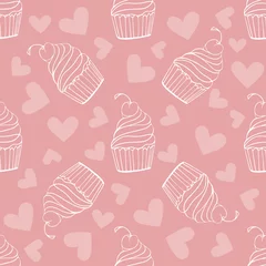 Poster Seamless pattern with doodle sweets, desserts, ice cream, muffin on pink background. Vector for cards, banners, wrapping paper, posters, scrapbooking, pillow, cups and fabric design.  © Maria