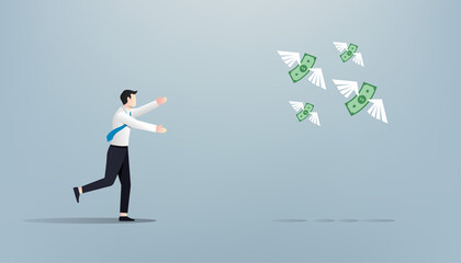 Businessman chasing after flying money vector illustration.