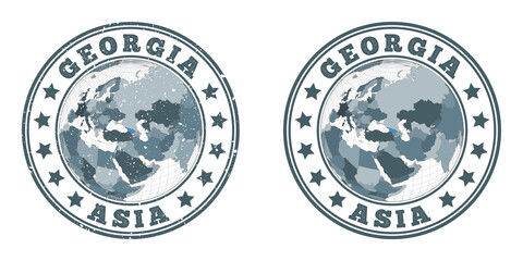 Georgia round logos. Circular badges of the country with a map of Georgia in a world context. Plain and textured country stamps. Vector illustration.