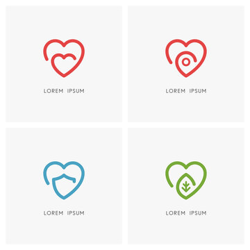 Love outline logo set. Heart, address pointer, shield and green leaf symbol - health care, mother and child, social work, protection and safety, favorite place, nature, ecology and environment icons.