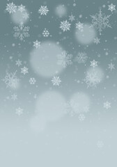 Naklejka na ściany i meble Snow background. Blue grey and white Christmas snowfall with defocused flakes. Winter concept with falling snow. Holiday texture and white snowflakes