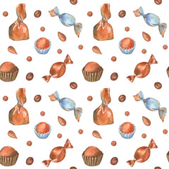 Seamless pattern with chocolate candies and almond on white isolated background. Watercolor hand-drawn illustration. Sweet design for wrapping paper, giftware and merchandise. 