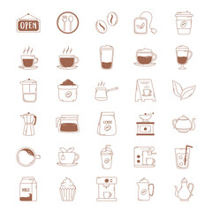 coffee icons cup kettle teapot bean machine in brown line