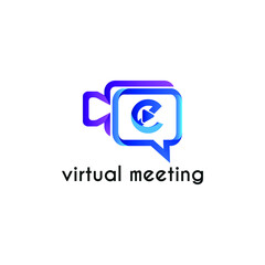 Initial letter e with video call camera chatting icon for online meeting logo concept