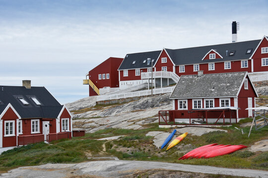 Colorful buildings of Illulissat, Greenland (largest is hospital)