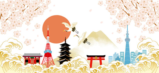 富士山や桜のある日本（東京）の街並み