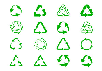 Set recycle icons. Label template. Green eco circle arrows. Vector Icons.