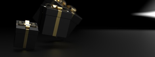 Black closed gift boxes with gold ribbon on black background. 3D illustration. 3D CG. 3D high quality rendering.
