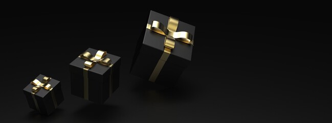Black closed gift boxes with gold ribbon on black background. 3D illustration. 3D CG. 3D high quality rendering.