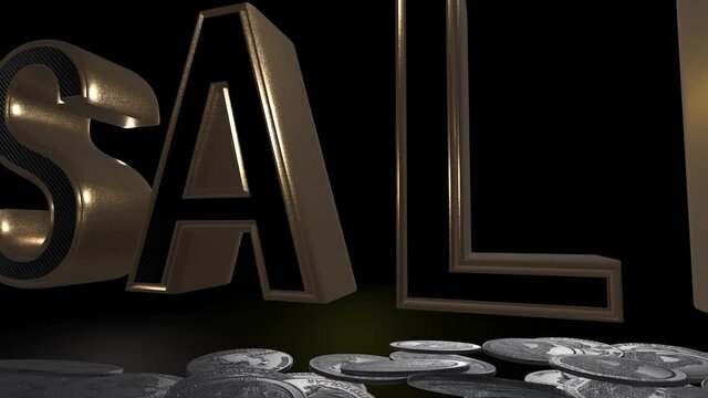 sale, business promotion, mega sale, hot shopping and elegant lettering. Futuristic abstract 3d rendering over black background. Money based. Text rotation