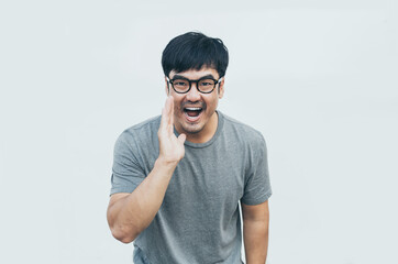 adult asian man.young male wear eye glasses.posing smiling look excited surprised thinking positive happy joy life.empty,copy space for text advertising.white background.attractive fashion people