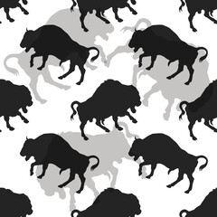seamless background monochrome , black silhouette of a running bull   on a white background 