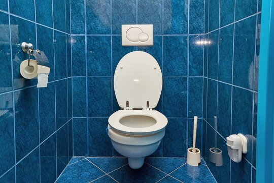 Toilet in blue tiled bathroom
