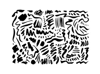 Black dry brushstrokes hand drawn vector set. Curved and zig zag black paint brushstrokes. Grunge smears collection with wavy, doodle, freehand lines. Abstract ink doodle textures. Freehand drawing.