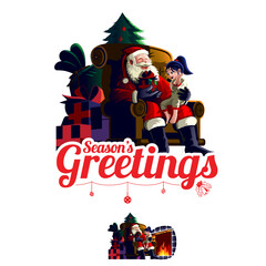 Santa Claus sits on chair giving gift illustration