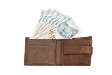Men's brown leather wallet (purse) with cash money (Turkish lira bills) isolated on white background
